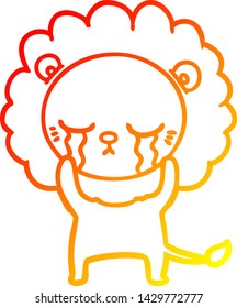 warm gradient line drawing of a crying cartoon lion