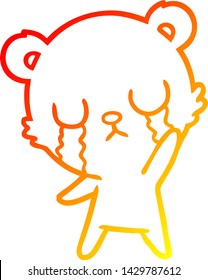 warm gradient line drawing of a crying cartoon bear waving