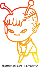 warm gradient line drawing of a cute cartoon alien girl