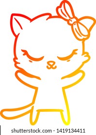 warm gradient line drawing of a cute cartoon cat with bow