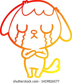 warm gradient line drawing of a cute cartoon dog crying