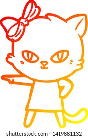 warm gradient line drawing of a cute cartoon cat wearing dress