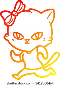 warm gradient line drawing of a cute cartoon cat jogging