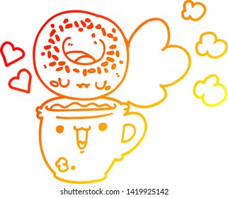 warm gradient line drawing of a cute cartoon donut and coffee