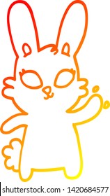 warm gradient line drawing of a cute cartoon rabbit waving