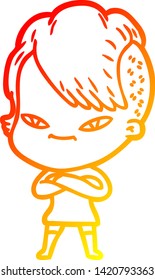 dibujo de línea de gradiente cálido de una linda caricaturista con corte de pelo hipster