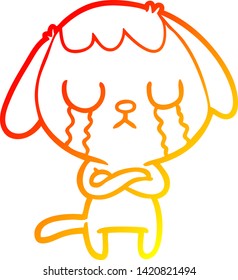 warm gradient line drawing of a cute cartoon dog crying