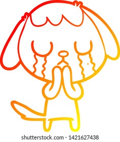 warm gradient line drawing of a cute cartoon dog crying