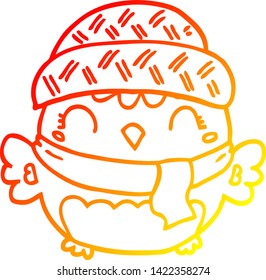 warm gradient line drawing of a cute cartoon owl in hat