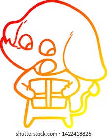 warm gradient line drawing of a cute cartoon elephant with christmas present