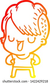 warm gradient line drawing of a cute cartoon girl with hipster haircut