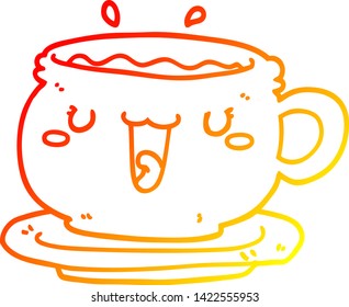 warme Farbverlauf-Linie Zeichnung einer süßen Cartoon-Tasse und Untersauzer