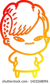 warm gradient line drawing of a cute cartoon girl with hipster haircut