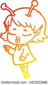 dibujo de una linea de gradiente cálido de una tira cómica de una chica alienígena