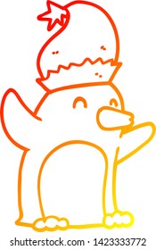 warme Farbverlauf-Linienzeichnung eines süßen Cartoon-Weihnastpinguin