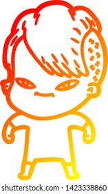 dibujo de línea de gradiente cálido de una linda caricaturista con corte de pelo hipster