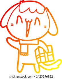 dibujo de línea de degradado cálido de un perro de dibujos animados lindo con regalo de navidad