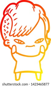 warme Farbverlauf-Linienzeichnung eines süßen Cartoon-Mädchens mit Hairschnitt