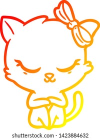 warm gradient line drawing of a cute cartoon cat with bow
