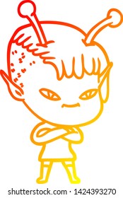 dibujo de una linea de gradiente cálido de una linda chica alienígena