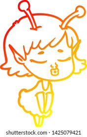 dibujo de una linea de gradiente cálido de una tira cómica de una chica alienígena