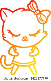 dibujo de línea de gradiente cálido de un lindo gato de dibujos animados con arco