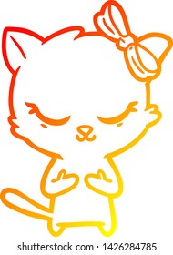 warm gradient line drawing of a cute cartoon cat with bow