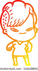 dibujo de línea de gradiente cálido de una linda caricaturista con corte de pelo hipster