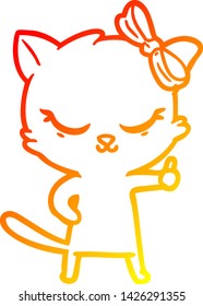 dibujo de línea de gradiente cálido de un lindo gato de dibujos animados con arco