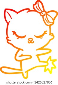 warm gradient line drawing of a cute cartoon cat with bow