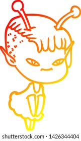 warm gradient line drawing of a cute cartoon alien girl