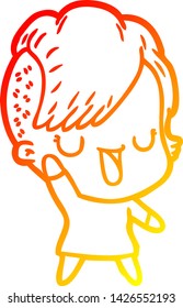 warm gradient line drawing of a cute cartoon girl with hipster haircut