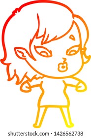 warm gradient line drawing of a cute cartoon vampire girl