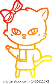warm gradient line drawing of a cute cartoon cat in winter clothes