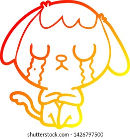 warm gradient line drawing of a cute cartoon dog crying