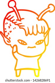 warm gradient line drawing of a cute cartoon alien girl