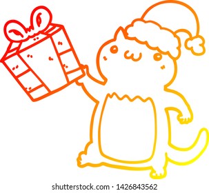 warm gradient line drawing of a cute cartoon christmas cat