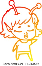 warm gradient line drawing of a cute alien girl cartoon
