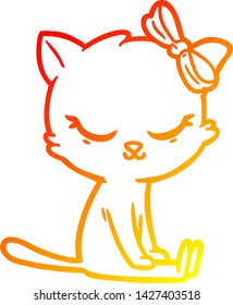 dibujo de línea de gradiente cálido de un lindo gato de dibujos animados con arco