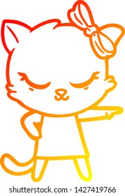 warm gradient line drawing of a cute cartoon cat with bow