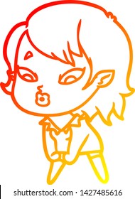 warm gradient line drawing of a cute cartoon vampire girl