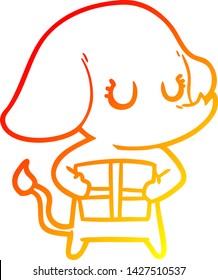 warm gradient line drawing of a cute cartoon elephant with gift