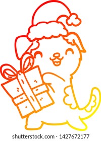 dibujo de línea de degradado cálido de un adorable cachorro de dibujos animados con regalo de navidad y sombrero