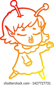 warm gradient line drawing of a cute alien girl cartoon