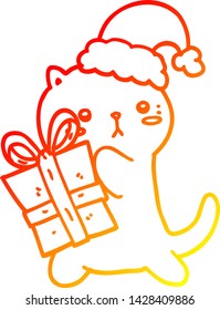 warm gradient line drawing of a cute cartoon cat carrying christmas present