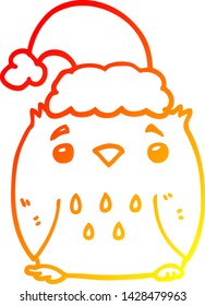 dibujo de línea de degradado cálido de un búho de dibujos animados lindo con sombrero de navidad