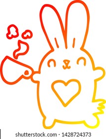 warm gradient line drawing of a cute cartoon rabbit with love heart and coffee cup