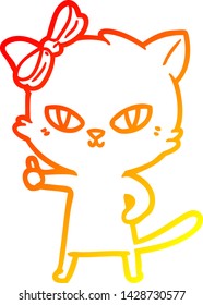 warm gradient line drawing of a cute cartoon cat giving thumbs up symbol