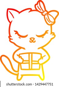 warm gradient line drawing of a cute cartoon cat with bow
