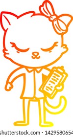 dibujo de línea de degradado cálido de un lindo gato de negocios de dibujos animados con arco